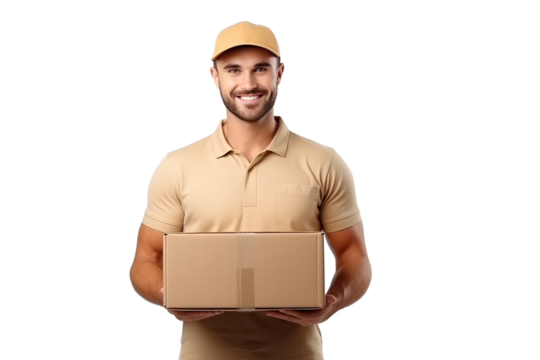 Happy caucasian delivery man