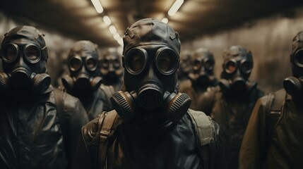 a Group of People Wearing Gas Masks in an Industrial Factory. - obrazy, fototapety, plakaty
