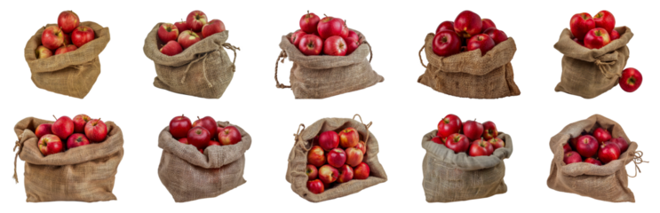 Red apples in burlap sacks cut out png on transparent background