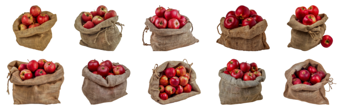 Red apples in burlap sacks cut out png on transparent background