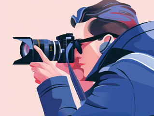 Illustration of a private investigator with camera, isolated on a blue background. - obrazy, fototapety, plakaty