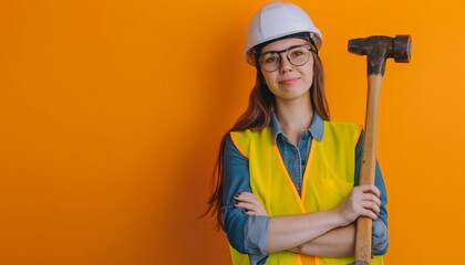 Confident Female Construction Worker with Hammer, Professional Engineer on Site, Copy Space