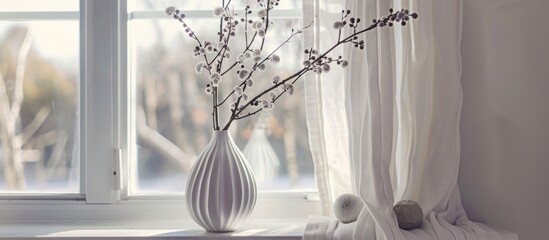 A delicate vase adorns the tall white window.