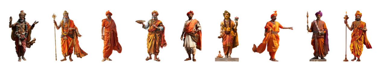 Fototapeta na wymiar Colorful array of Indian figures in traditional attire for Gudi Padwa celebration cut out png on transparent background