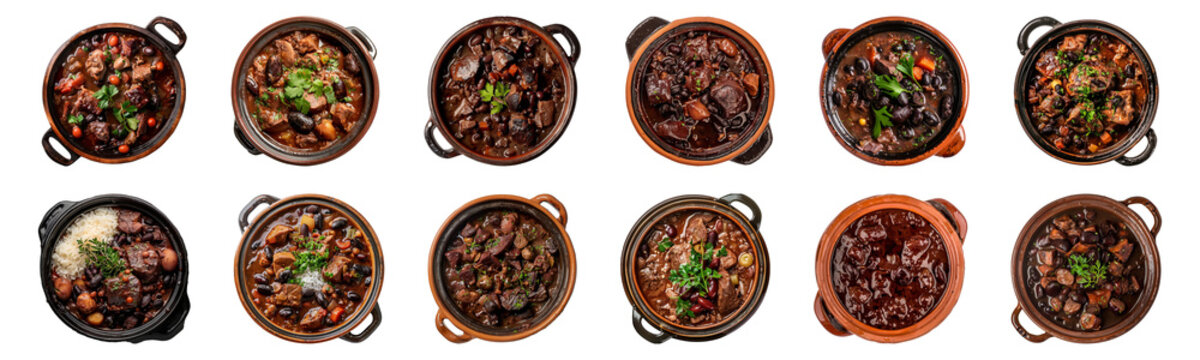 Traditional Brazilian feijoada with black beans and pork cut out png on transparent background