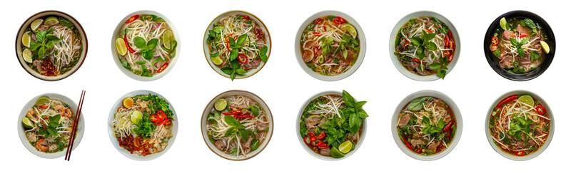 Assorted Vietnamese pho noodle soups with fresh herbs cut out png on transparent background