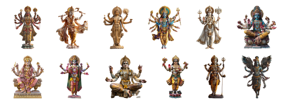 Hindu deity Vishnu with multiple arms in traditional attire cut out png on transparent background