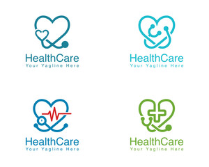 Heart shape with stethoscope Health care logo design set.
