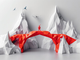 An origami scene featuring mountains, a bridge, and a captain atop the bridge, with birds in the sky.