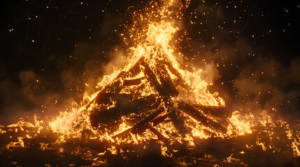 The central focus is a large bonfire made of numerous wooden logs stacked in a conical shape
