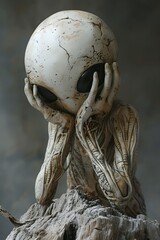 a statue of a alien sitting down and being sad - obrazy, fototapety, plakaty