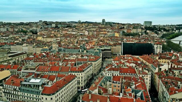 Aerial shot of the centre of Lyon involving the City Hall and Opera de Lyon buildings. France