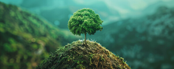 Small tree growing on a hilltop overlooking a lush green landscape
