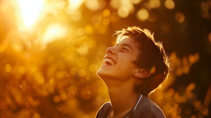 Young boy laughing looking up to the sky