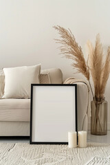 Close-up of the vertical poster in the black frame in front of the white sofa with light pampas grass, pillows in a tall glass vase with two white candles on a cream rug.