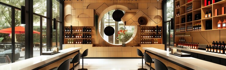 Panoramic view of a modern wine bar interior with elegant design: panorama of a chic wine bar with stylish shelving and contemporary decor