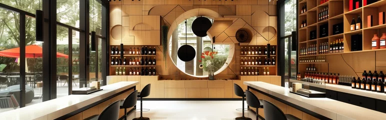 Fotobehang Panoramic view of a modern wine bar interior with elegant design: panorama of a chic wine bar with stylish shelving and contemporary decor © Andrea Marongiu