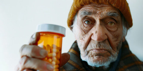 A sad elderly man holds a bottle of medicine in her hand in front of her face.