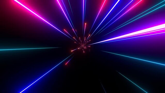 Bright radial light beams. Abstract background in blue and purple neon glow color. Light burst in universe. Space background for event, party, carnival, celebration, anniversary or other. 3D rendering