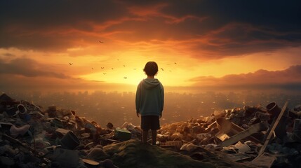 Child facing a vast pile of waste at sunset.
