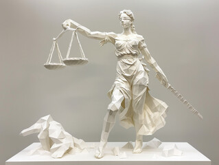 An origami representation of Lady Justice on a white background, embodying the balance of law. - obrazy, fototapety, plakaty