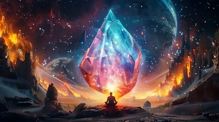 Foto op Canvas A mesmerizing digital artwork showcasing a meditating figure before an immense, glowing crystal, encapsulated within a surreal, cosmic landscape. © Prasanth