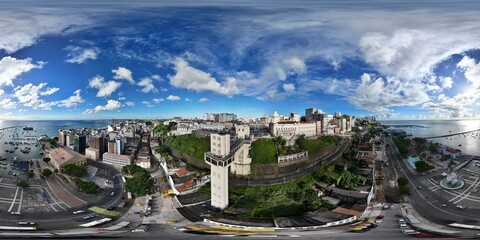 360 aerial photo taken with drone of Lacerda elevator in Salvador, Bahia, Brazil