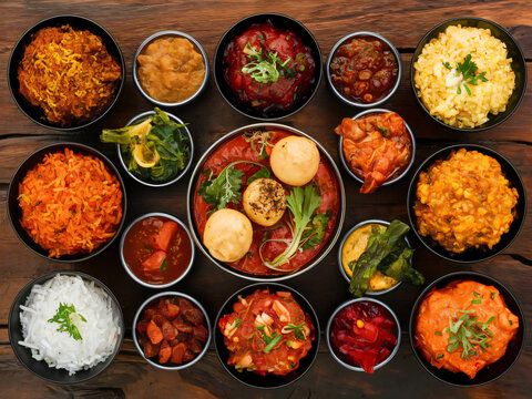 Desde arriba platos t&iacute;picos de india, tradici&oacute;n y cultura gastron&oacute;mica