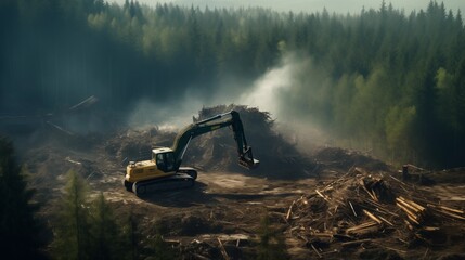 destruction of our forests with heavy machinery felling trees, highlighting the urgent need for forest conservation efforts. - obrazy, fototapety, plakaty