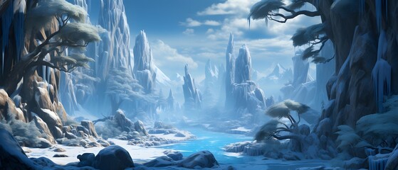 Fantasy winter landscape with frozen lake and pine trees. 3d illustration