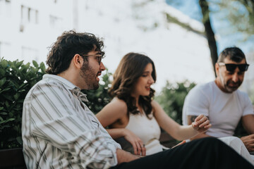 Obraz premium Three business partners or company executives sitting together on a bench in a city setting, taking a relaxing break and chatting on a sunny day after work.