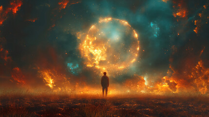 A Figure Stands Before A Cosmic Portal, The Horizon Engulfed In A Fiery Glow That Whispers Of Distant Worlds