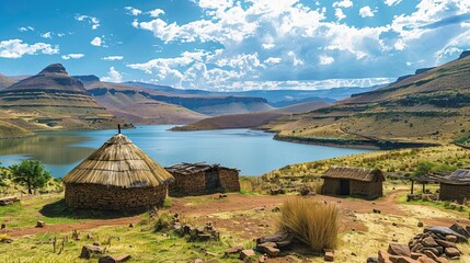 Lesotho traditional hut house homes in Lesotho village in Africa. Beautiful scenic landscape of village in daytime with typical huts built by villagers by the lake of Mohale Dam