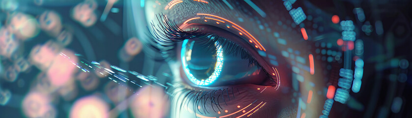 The eye of a woman with glowing lines and particles around it.
