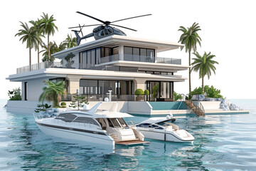 Luxury beach house with a private helipad and a yacht docked in the crystal-clear waters, isolated on solid white background.