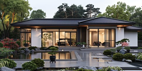 Architectural Design Photography: Serene Chinese-Style Home with Pond at Dusk, Tranquil Traditional Residence Amidst Lush Greenery and Water Features. - Powered by Adobe
