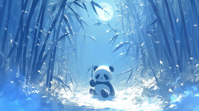 A scene of a panda surrounded by snow against a backdrop of bamboo