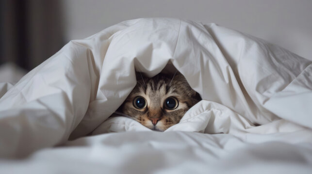 Cat peaking trough the blanket, kitten hiding under the duvet