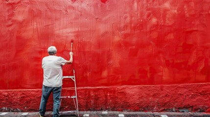 Obraz premium Man painting large red wall