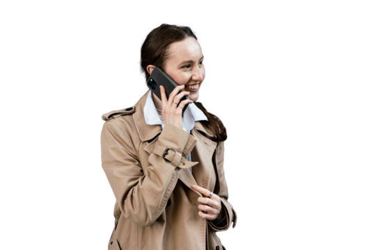 Talking on the phone is a woman in a trench coat, an office employee, cut out