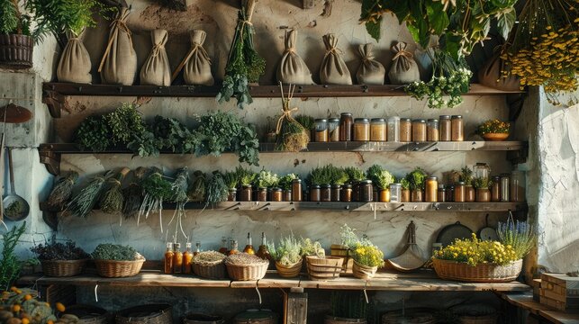 banner background National Herbalist Day theme, and wide copy space, herbal medicine, A herbalist's workshop with drying racks, herb bundles hanging, and tools of the trade, for banner, UHD image