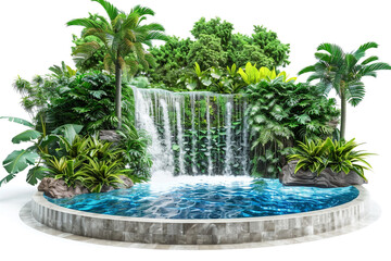 Modern hotel pool with sleek design, featuring a cascading waterfall and lush greenery, isolated on solid white background.