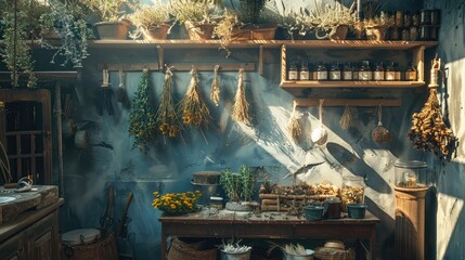 banner background National Herbalist Day theme, and wide copy space, herbal medicine, A herbalist's workshop with drying racks, herb bundles hanging, and tools of the trade, for banner, UHD image - obrazy, fototapety, plakaty