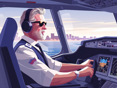 Vector illustration of a pilot in uniform operating a cockpit with cityscape in background.