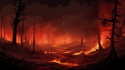 Forest fire disaster illustration, trees burning at night, wildfire nature destruction, damaged...