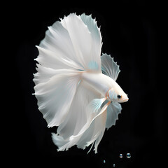 amazing bright pearle white Betta fish with long tail and fins posing against black background....