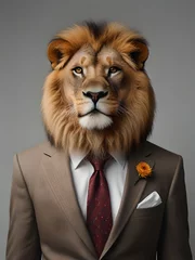 Foto op Canvas A lion wearing a formal suit on a blurry white background © bellali