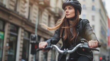Mulher vestindo terno andando de bicicleta na cidade  - obrazy, fototapety, plakaty