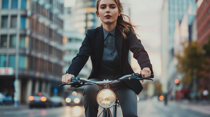 Mulher vestindo terno andando de bicicleta na cidade  - obrazy, fototapety, plakaty