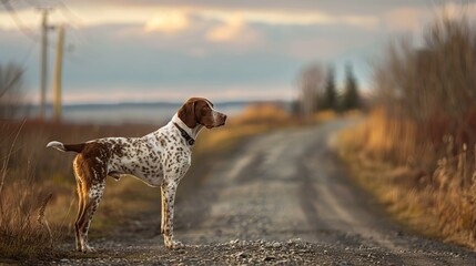 Portrait of A pointer standing on crossroads, Meaghers Grant,Nova Scotia,Canada.

